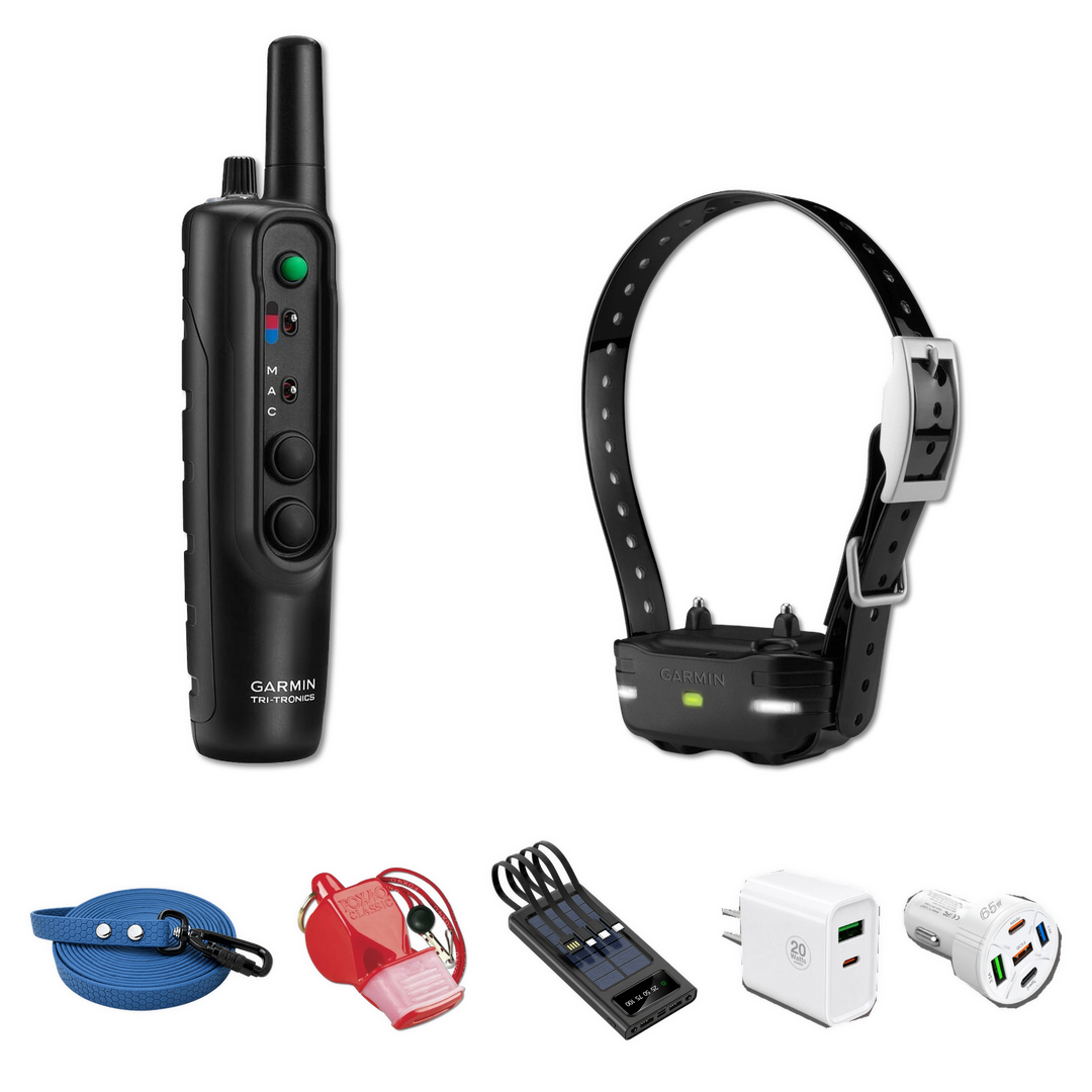 Garmin PRO 550 training bundle with collar, leash, whistle, power bank and charging accessories