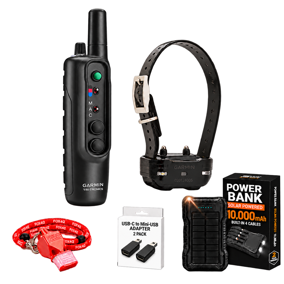Garmin PRO 550 bundle with PT 10 collar, Fox 40 whistle and lanyard, solar power bank and two USB-C to mini-USB adapters