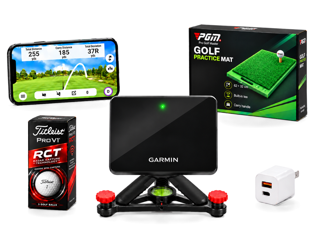 Garmin Approach R10 bundle with alignment stand, PGM golf mat, Titleist Pro V1 RCT balls and wall charger. Smartphone shown for app illustration; not included.