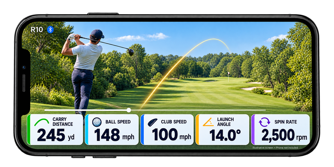 Illustrative R10 smartphone swing replay with carry distance, ball speed, club speed, launch angle and spin rate. Phone not included.