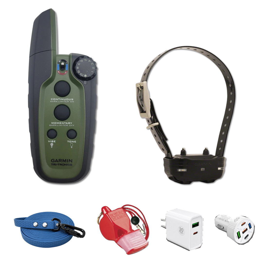Garmin Sport PRO bundle with collar, training leash, Fox 40 whistle and lanyard, wall charger and car charger