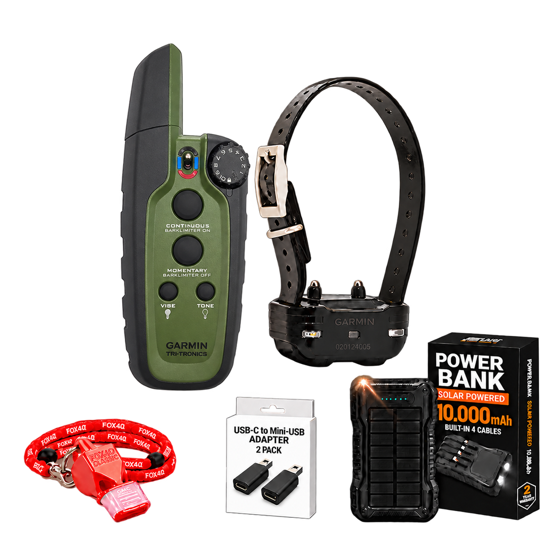 Garmin Sport PRO handheld and PT 10 collar with Fox 40 whistle and lanyard, solar power bank and two USB-C to mini-USB adapters