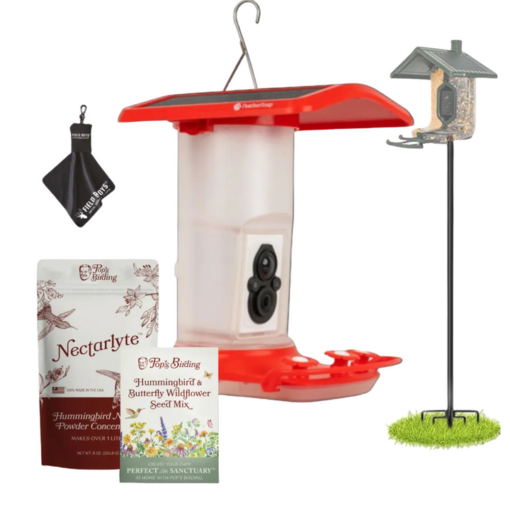 FeatherSnap Smart Hummingbird Feeder Bundle with Sturdy Pole, Nectar Powder, Wildflower Seed Mix and Cleaning Cloth