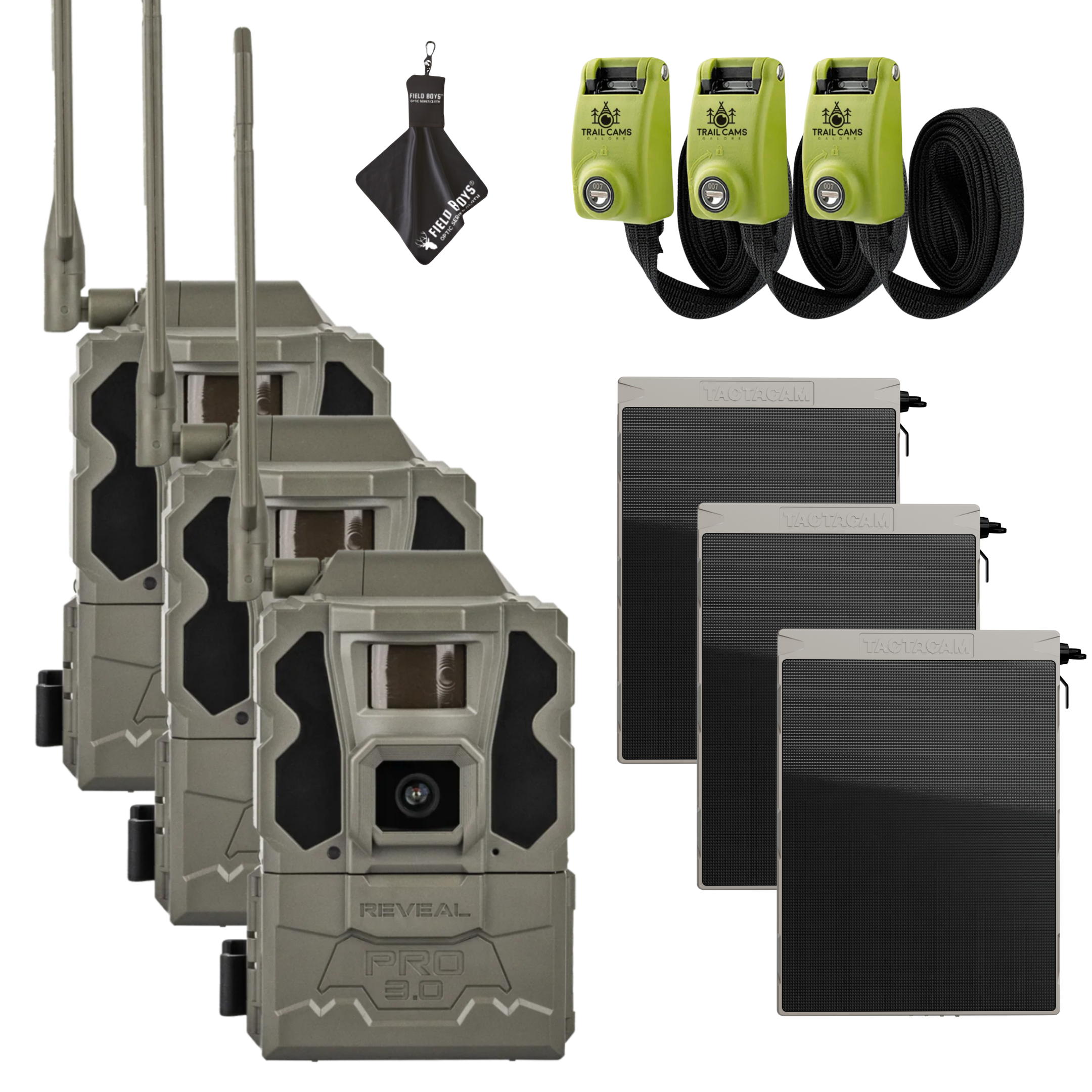 Buy 3 & Save! Tactacam Reveal Pro 3.0 with Solar Panels, Lockable Steel Reinforced Straps and Cleaning Cloth