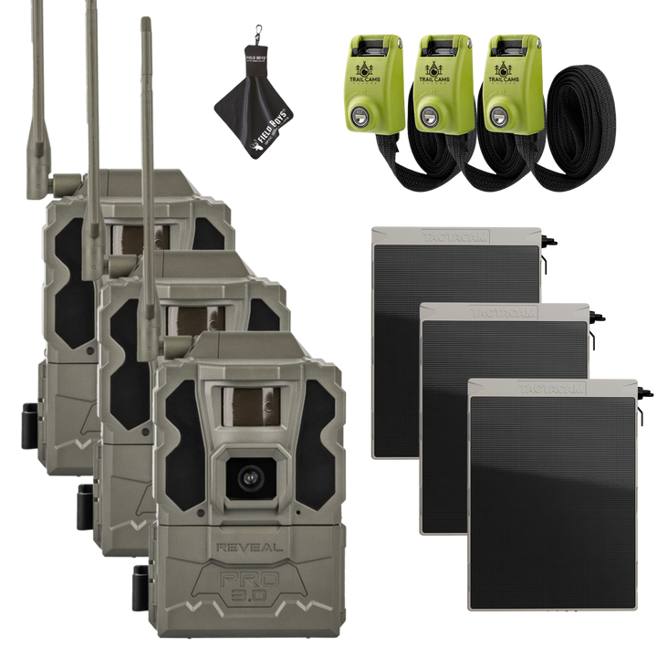 Buy 3 &amp; Save! Tactacam Reveal Pro 3.0 with Solar Panels, Lockable Steel Reinforced Straps and Cleaning Cloth
