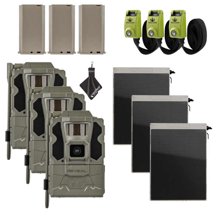 Buy 3 &amp; Save! Tactacam Reveal Pro 3.0 with Lithium Batteries, Solar Panels, Lockable Steel Reinforced Straps and Cleaning Cloth
