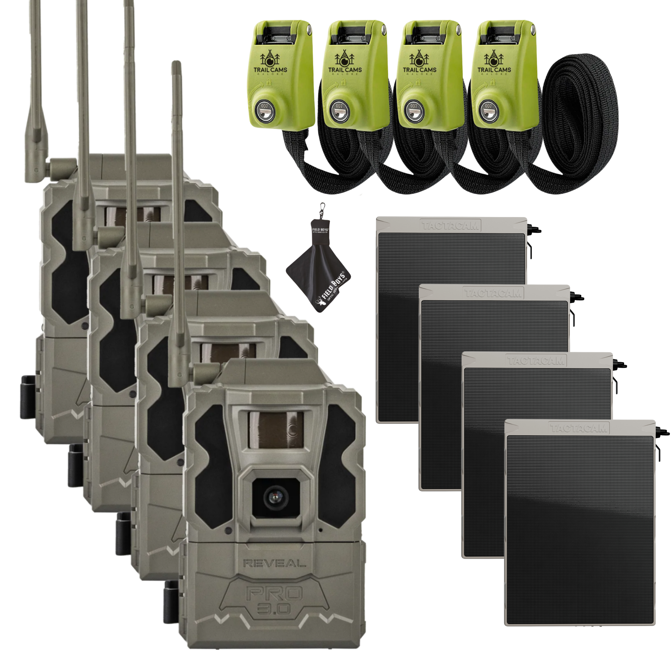Buy 4 & Save! Tactacam Reveal Pro 3.0 with Solar Panels, Lockable Steel Reinforced Straps and Cleaning Cloth