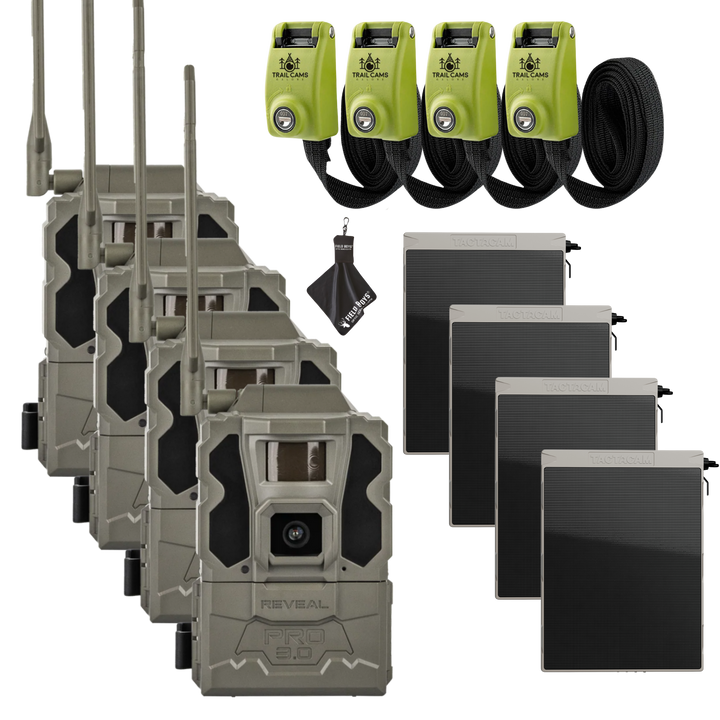 Buy 4 &amp; Save! Tactacam Reveal Pro 3.0 with Solar Panels, Lockable Steel Reinforced Straps and Cleaning Cloth