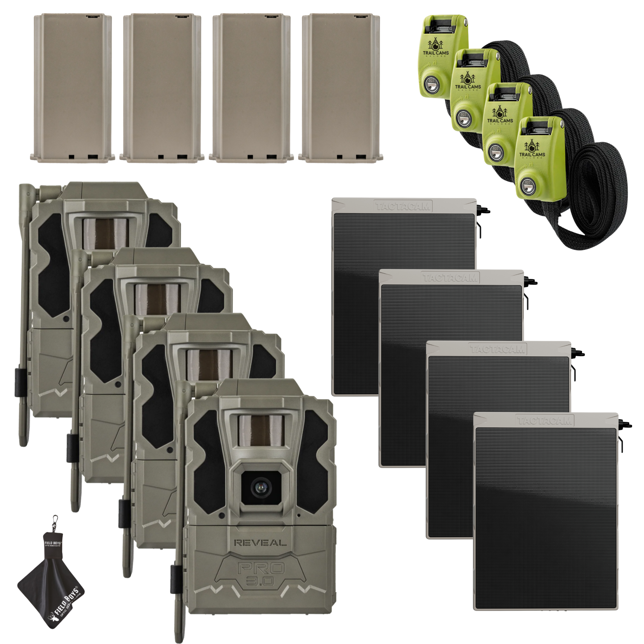 Buy 4 & Save! Tactacam Reveal Pro 3.0 with Lithium Batteries, Solar Panels, Lockable Steel Reinforced Straps and Cleaning Cloth