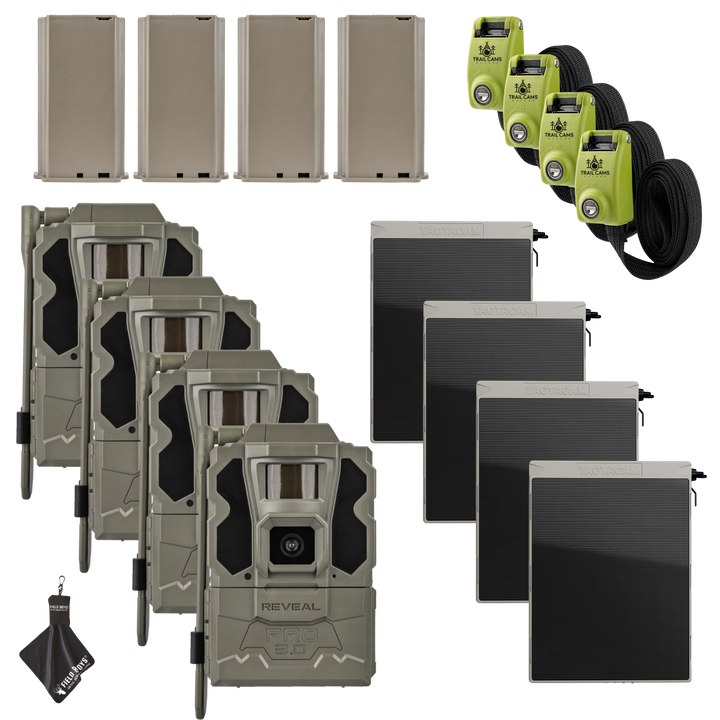 Buy 4 &amp; Save! Tactacam Reveal Pro 3.0 with Lithium Batteries, Solar Panels, Lockable Steel Reinforced Straps and Cleaning Cloth