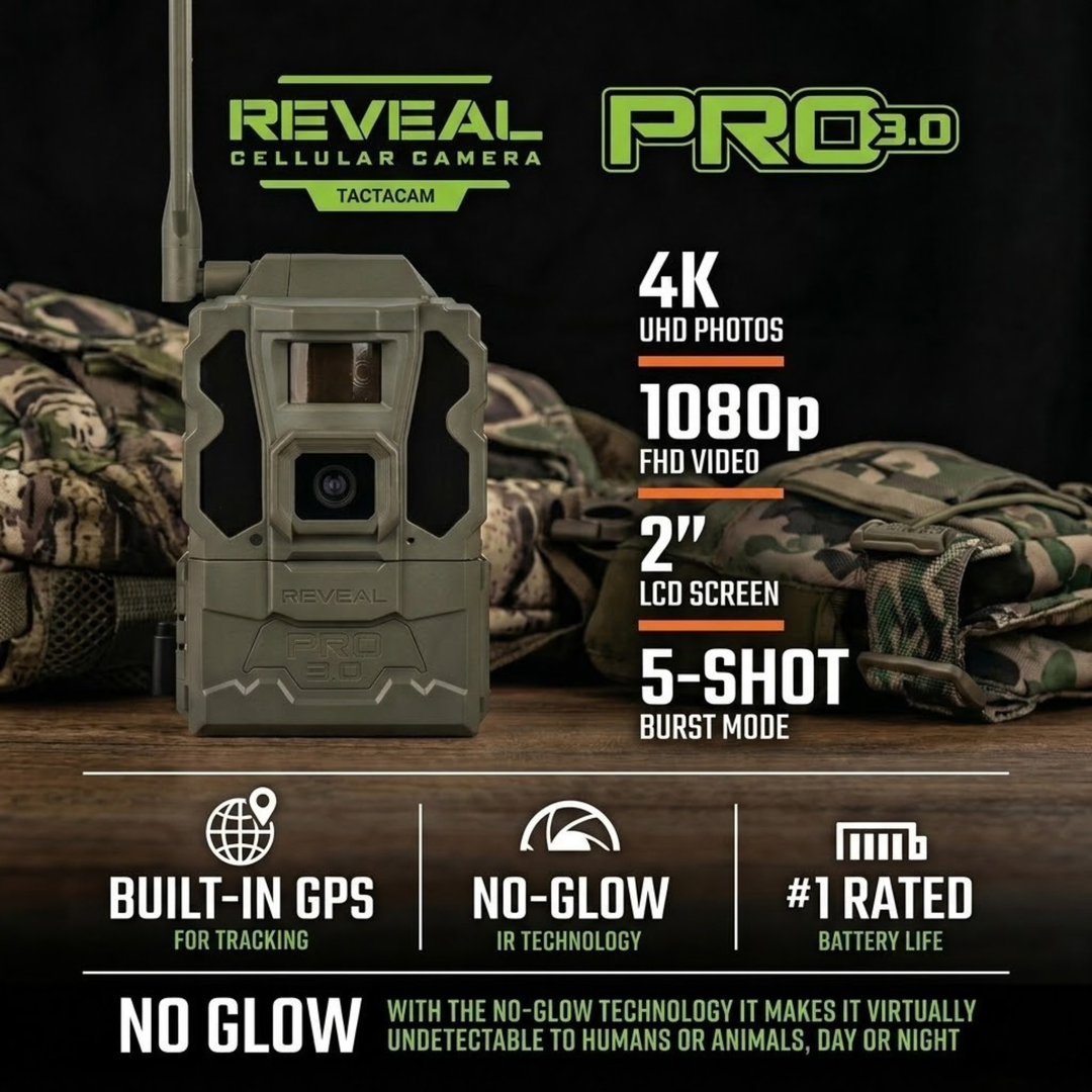 BUY 4 & SAVE! TACTACAM REVEAL PRO 3.0 with Lipo Batteries, Solar Panels, Lockable Straps, SD Cards, and Cleaning Cloth