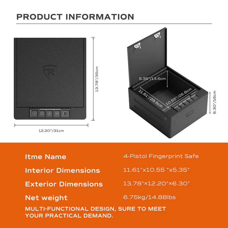 RPNB Biometric 4 Handgun Capacity Gun Safe with Digital Key Pad RP2016