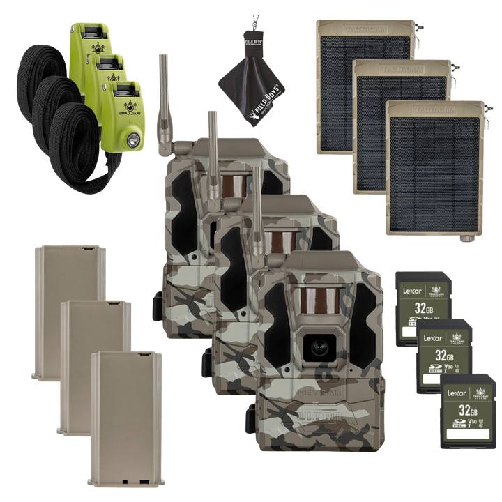 Buy 3 & Save! TACTACAM Reveal Ultra Cellular Trail Camera with Solar Panels, Batteries, SD Cards and Steel Reinforced Straps