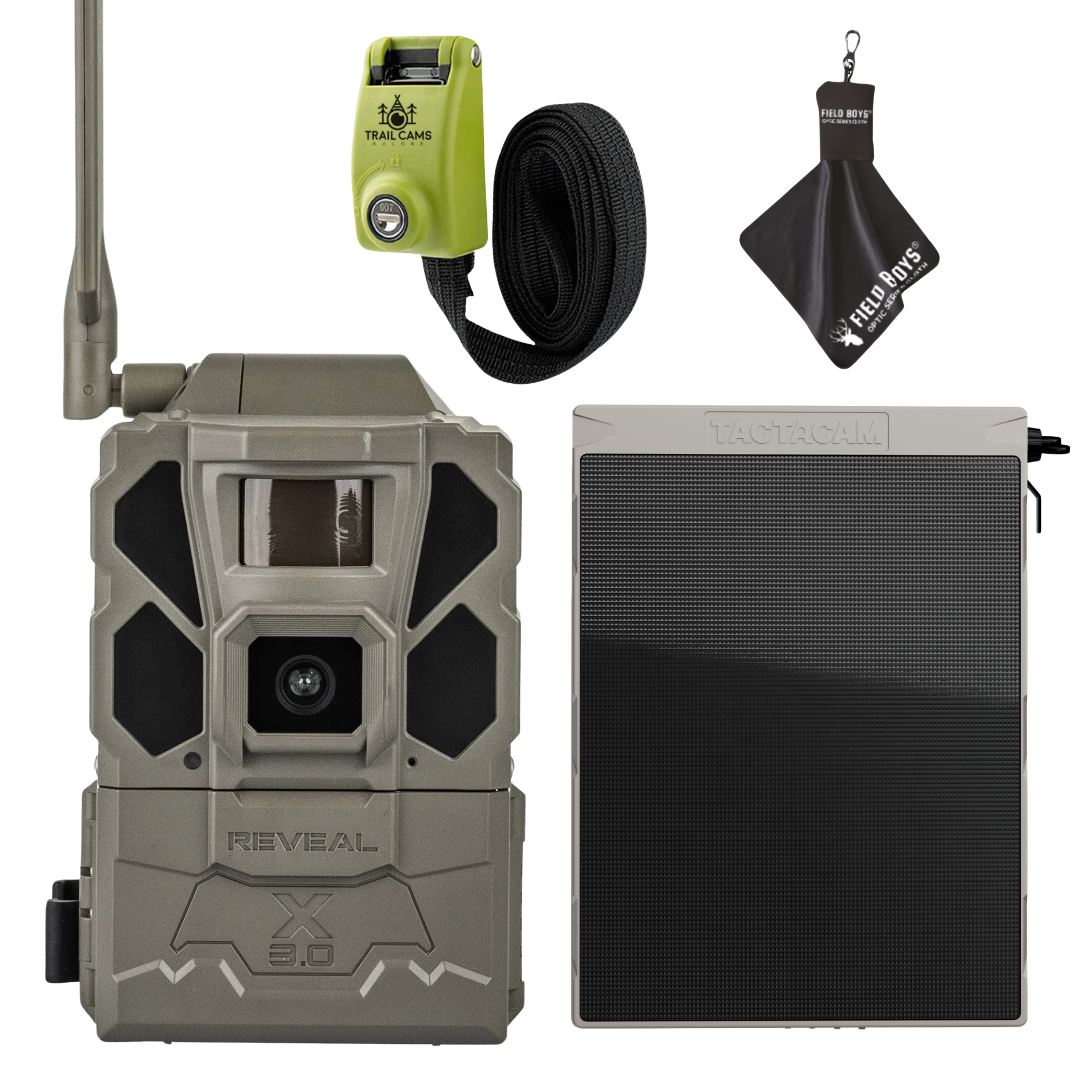 Bundle Savings! Tactacam Reveal X Gen 3.0 with Solar Panel, Steel Reinforced Lockable Strap, and Cleaning Cloth
