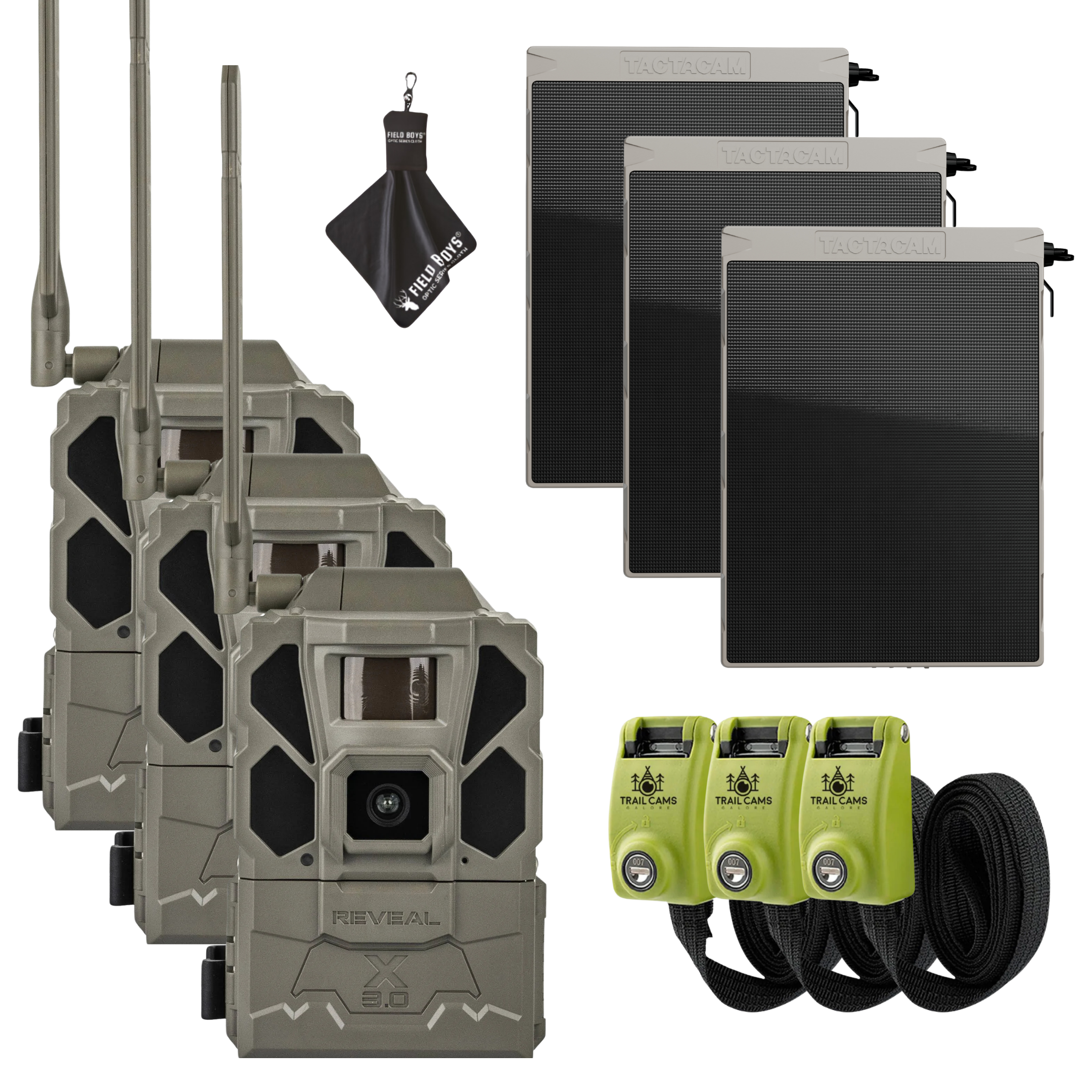 Buy 3 & Save! Tactacam Reveal X Gen 3.0 with Solar Panels, Lockable Steel Reinforced Straps and Cleaning Cloth
