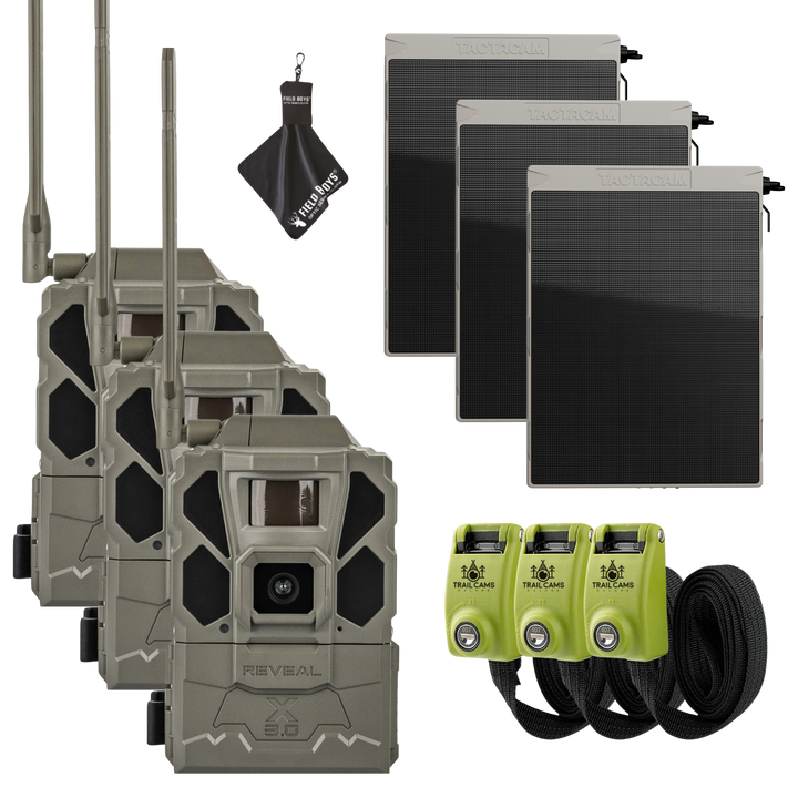 Buy 3 &amp; Save! Tactacam Reveal X Gen 3.0 with Solar Panels, Lockable Steel Reinforced Straps and Cleaning Cloth