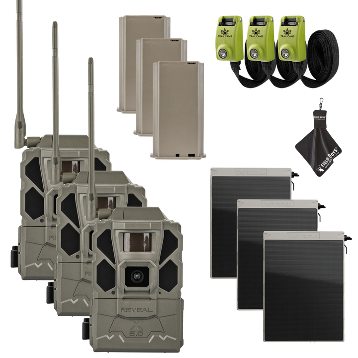Buy 3 &amp; Save! Tactacam Reveal X Gen 3.0 with Lithium Batteries, Solar Panels, Lockable Steel Reinforced Straps and Cleaning Cloth
