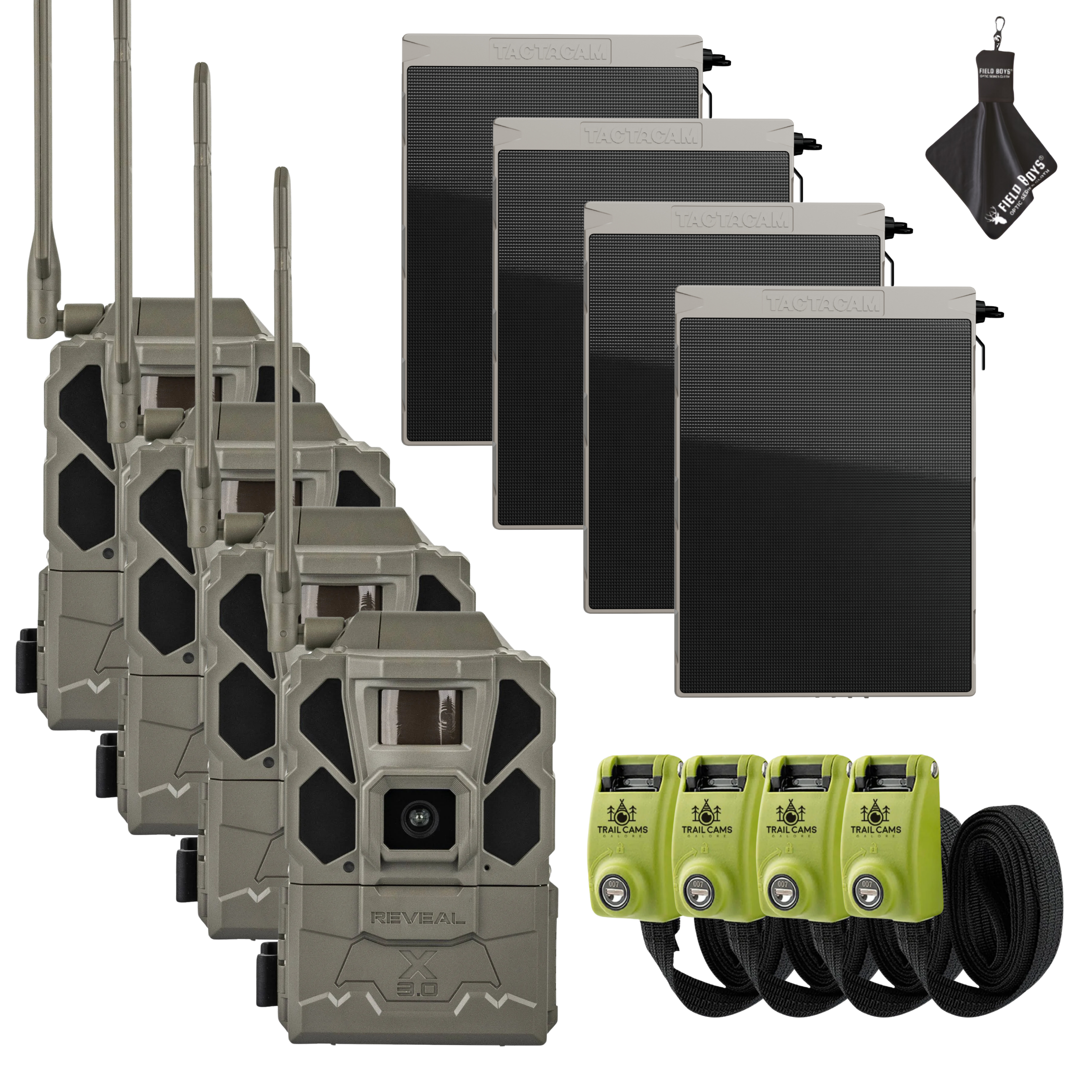 Buy 4 & Save! Tactacam Reveal X Gen 3.0 with Solar Panels, Lockable Steel Reinforced Straps and Cleaning Cloth