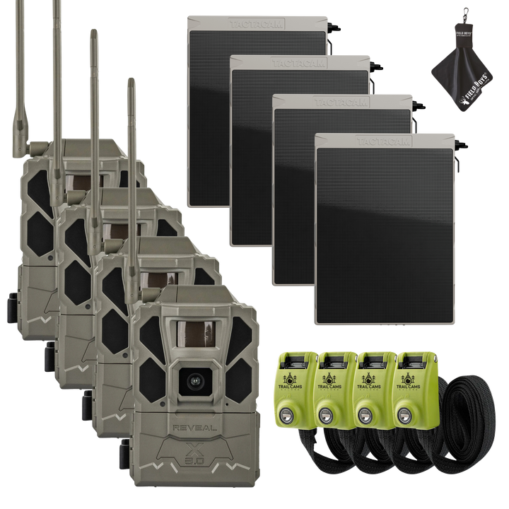 Buy 4 &amp; Save! Tactacam Reveal X Gen 3.0 with Solar Panels, Lockable Steel Reinforced Straps and Cleaning Cloth