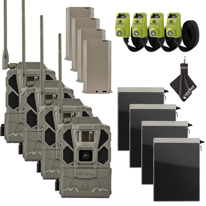 Buy 4 &amp; Save! Tactacam Reveal X Gen 3.0 with Lithium Batteries, Solar Panels, Lockable Steel Reinforced Straps, and Cleaning Cloth