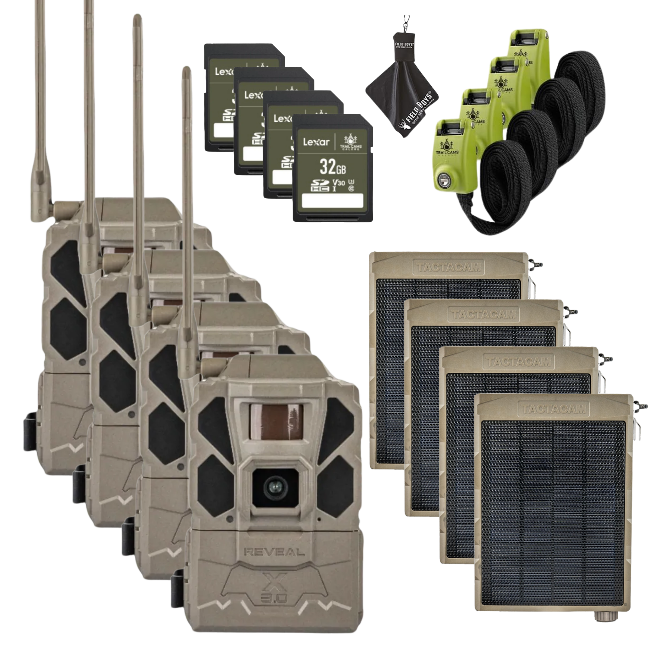BUY 4 & SAVE! TACTACAM REVEAL X GEN 3.0  with Solar Panels, Lockable Straps, SD Cards and Cleaning Cloth