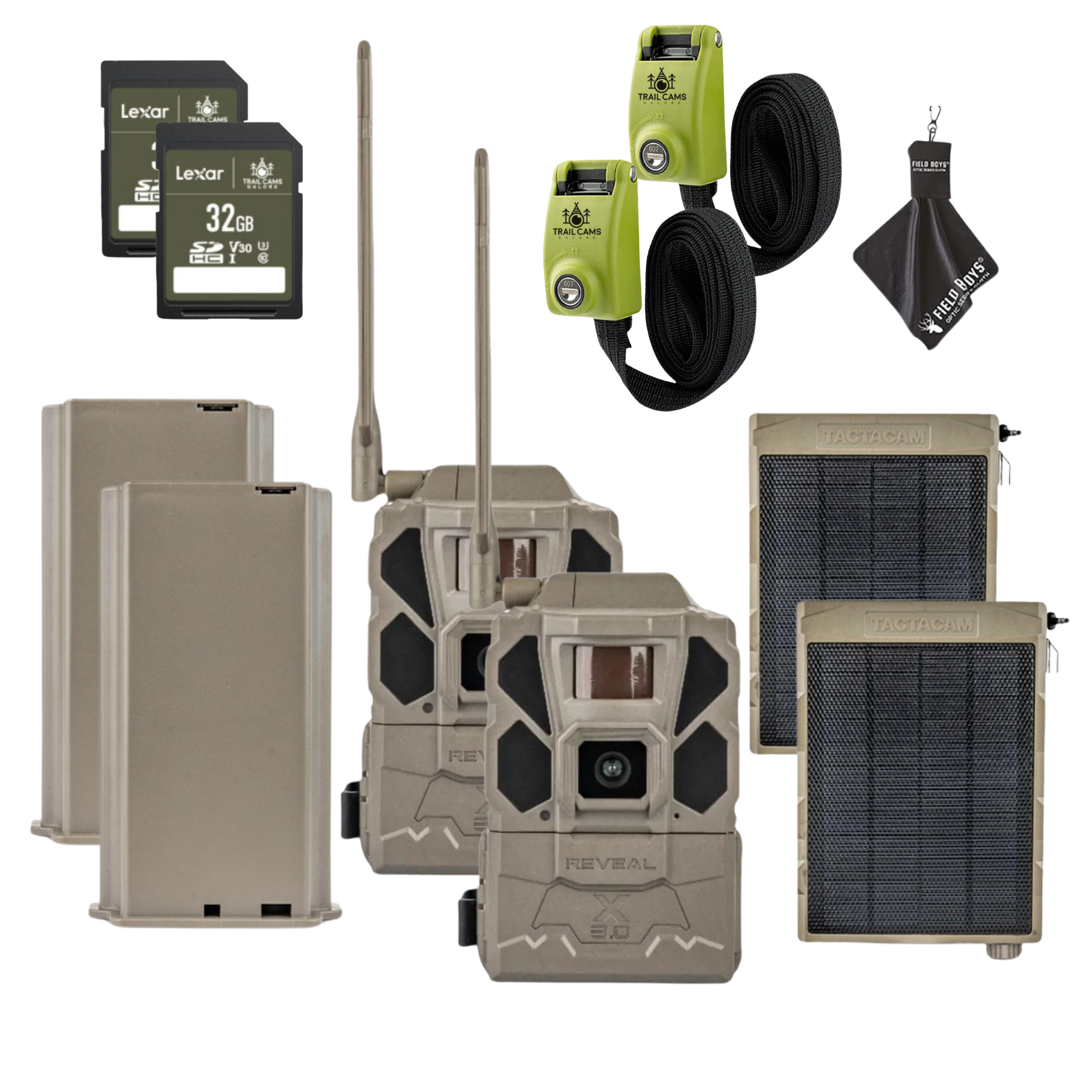 Buy 2 & Save! TACTACAM REVEAL X GEN 3.0 with Lipo Batteries, Solar Panels, Lockable Straps, SD Cards and Cleaning Cloth
