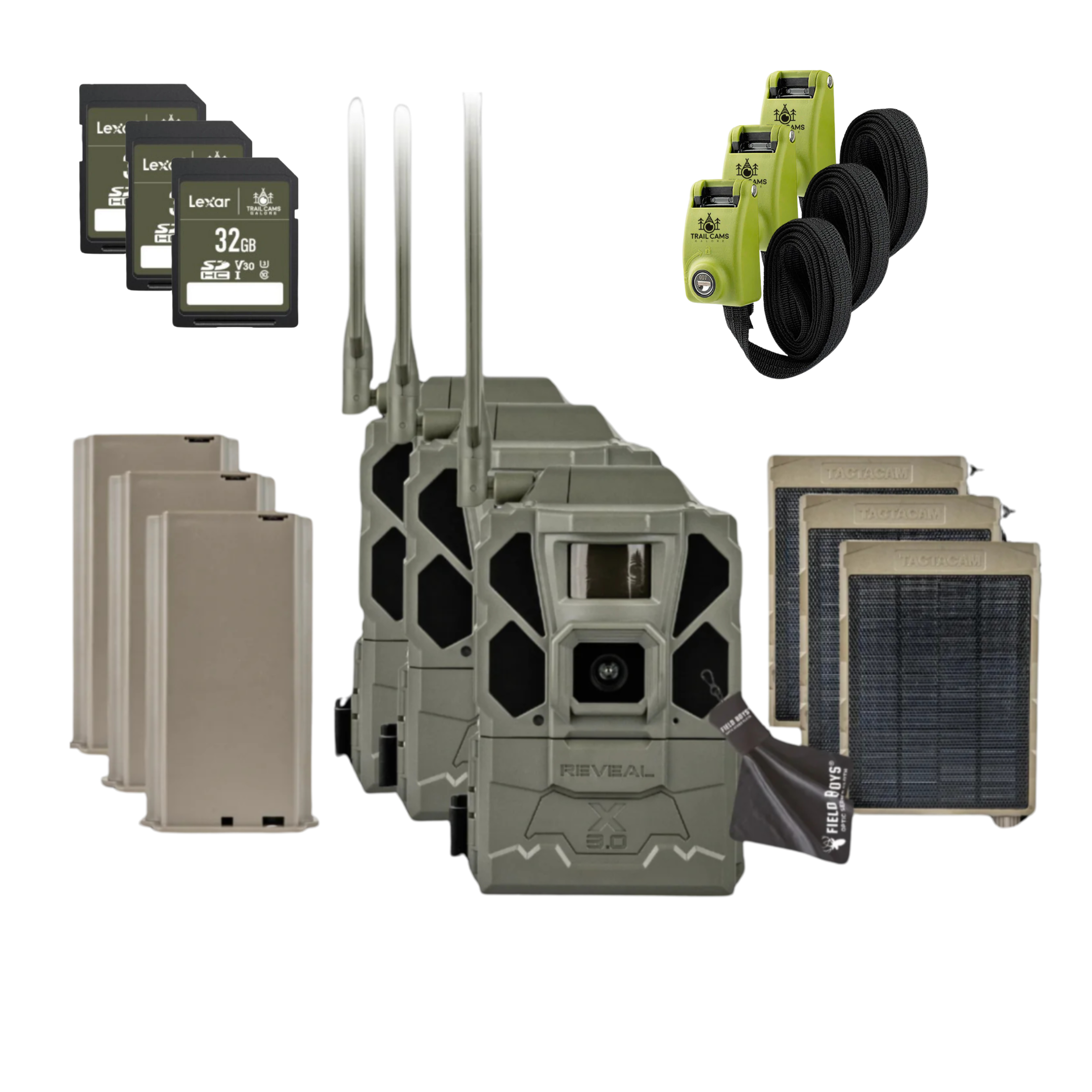 BUY 3 & SAVE! TACTACAM REVEAL X GEN 3.0  with Lipo Batteries, Solar Panels, Lockable Straps, SD Cards and Cleaning Cloth
