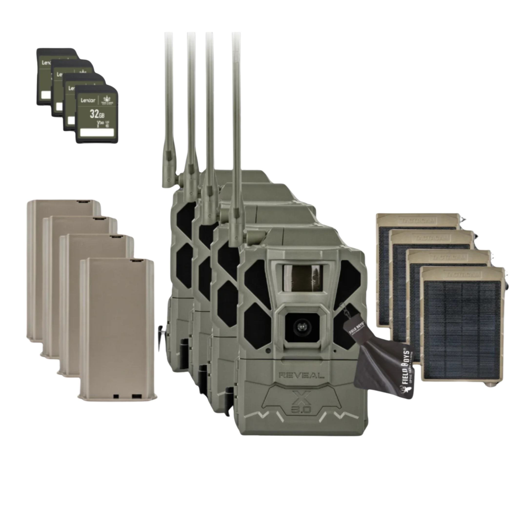 BUY 4 & SAVE! TACTACAM REVEAL X GEN 3.0  with Lipo Batteries, Solar Panels, SD Cards and Cleaning Cloth