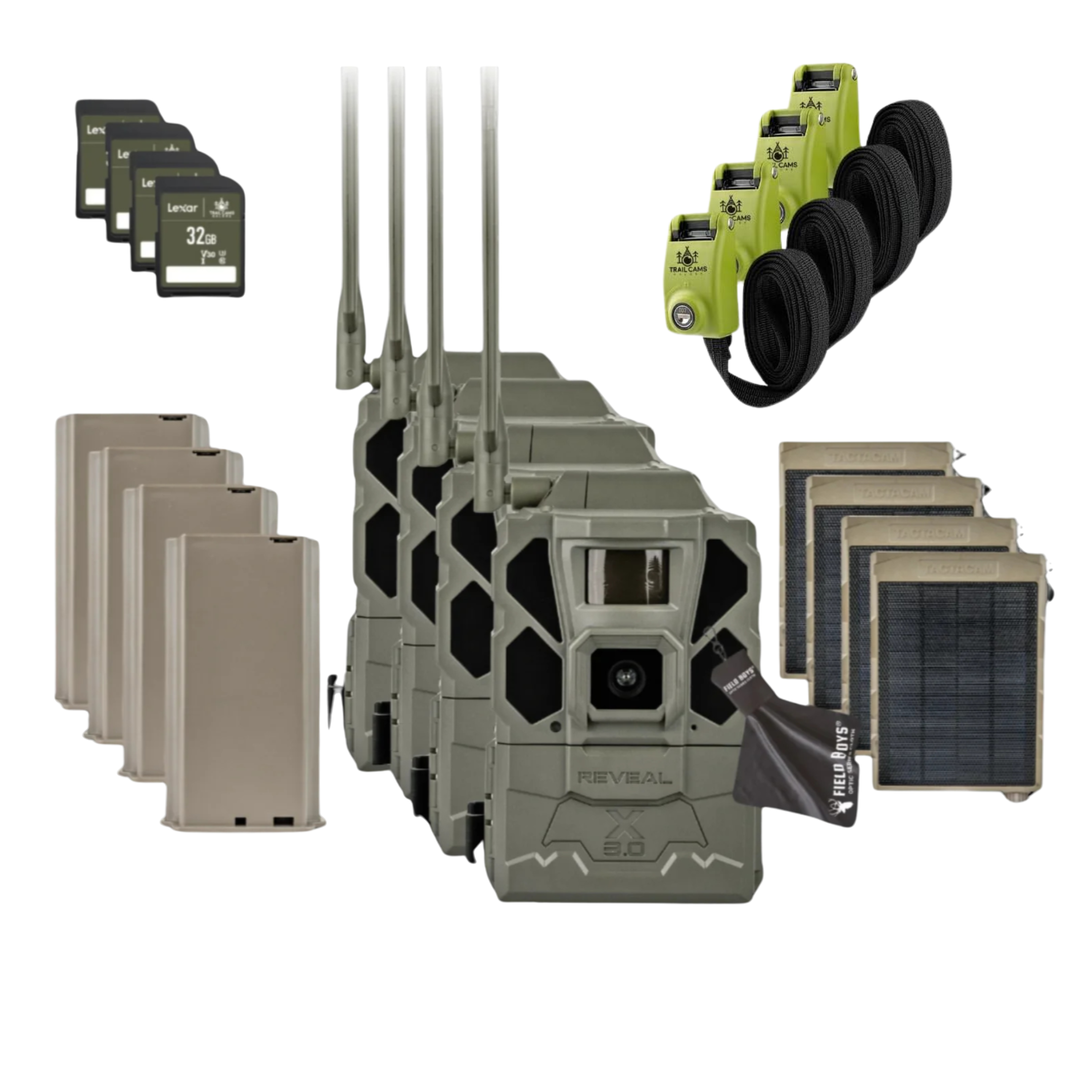 BUY 4 & SAVE! TACTACAM REVEAL X GEN 3.0  with Lipo Batteries, Solar Panels, Lockable Straps, SD Cards and Cleaning Cloth