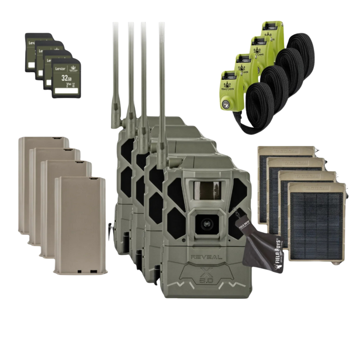 BUY 4 & SAVE! TACTACAM REVEAL X GEN 3.0  with Lipo Batteries, Solar Panels, Lockable Straps, SD Cards and Cleaning Cloth