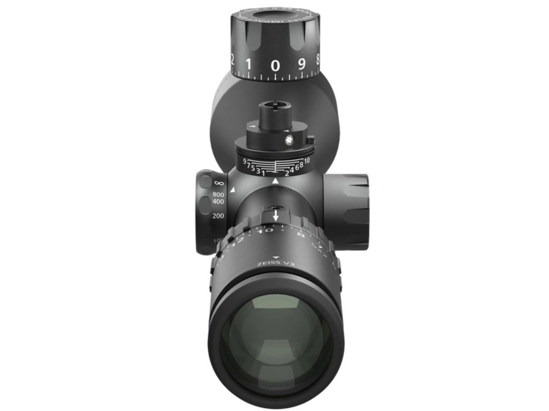 ZEISS V3 4.5-14x50 XRR riflescope with elevation turret raised showing ballistic stop