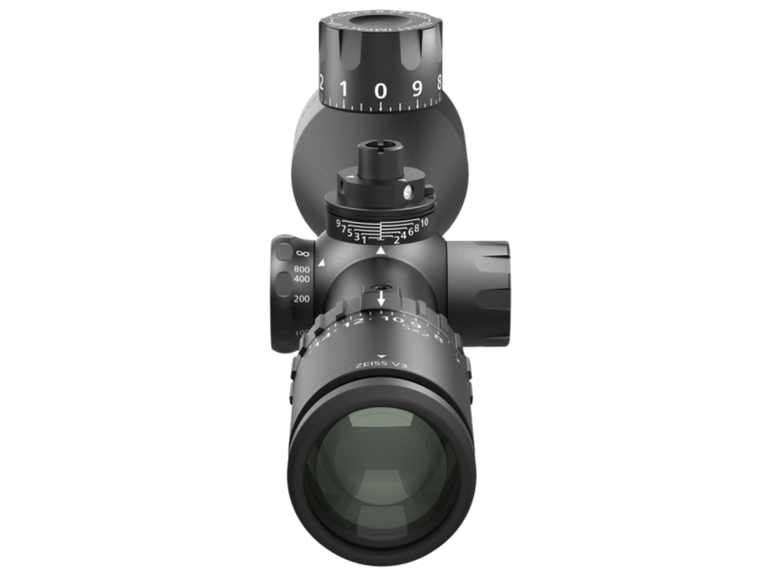 ZEISS V3 6-18x50 XRR riflescope with elevation turret raised showing ballistic stop