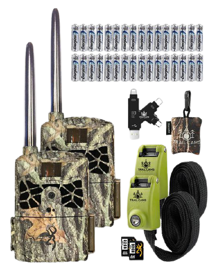 Two Browning Defender Wireless Cellular Trail Cameras with Batteries, SD Cards, Card Reader, Spudz, and Reinforced Straps - Freedom USA Sales