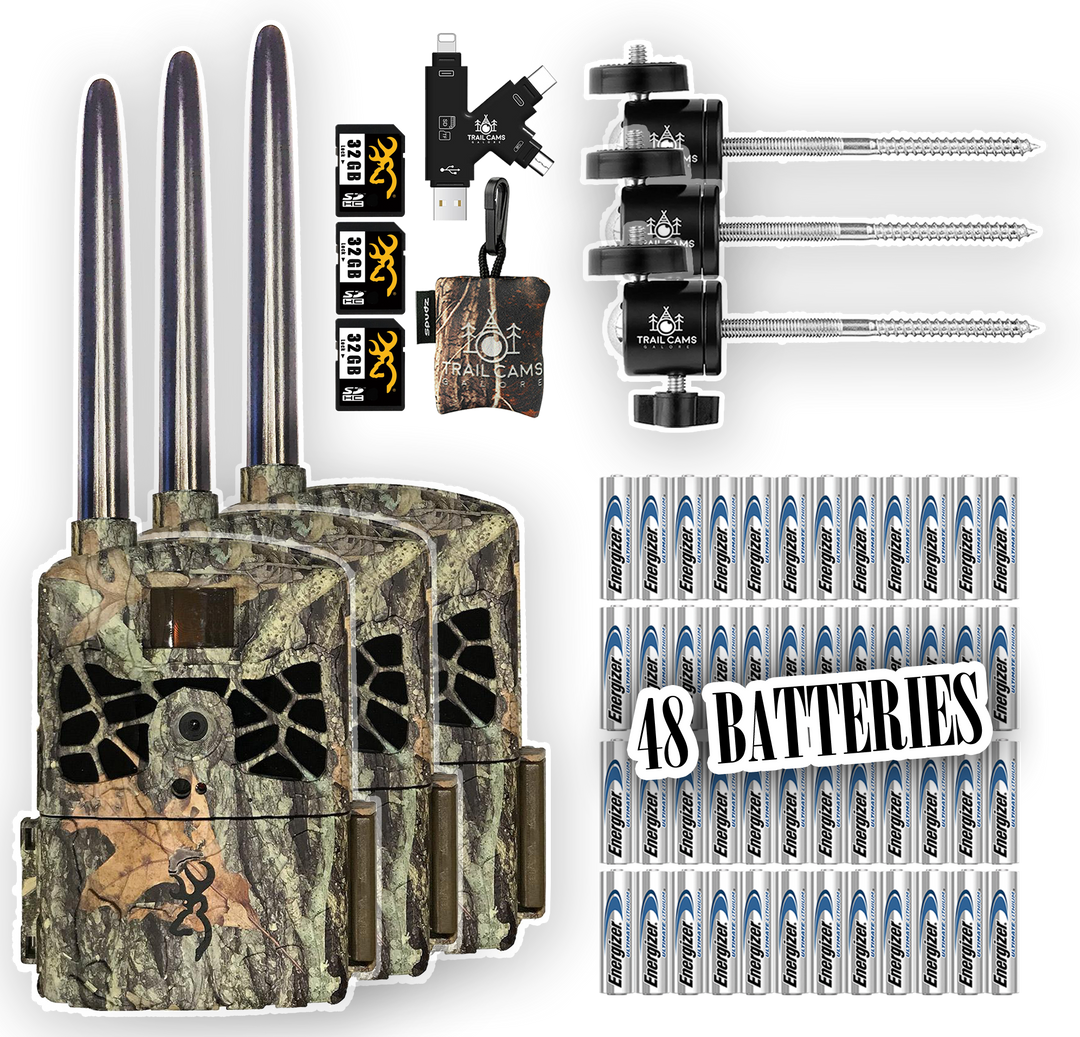 BUNDLE SAVINGS! Browning Defender Wireless Cellular Trail Cameras with Batteries, SD Cards, Card Reader, Spudz, and Reinforced Straps / or Tree Mounts - Freedom USA Sales